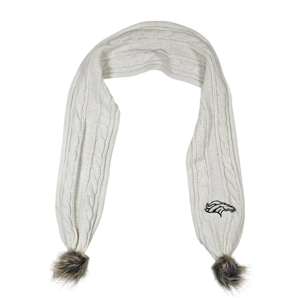 Denver Broncos NFL Team Apparel Womens Cream Cable Knit Scarf‎ Faux Fur Pom Poms